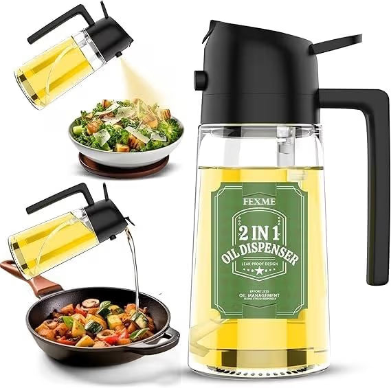 2-in-1 Glass Oil Spray Bottle for Cooking & Pouring | Mist Sprayer & Dispenser | Refillable Kitchen Oil Bottle